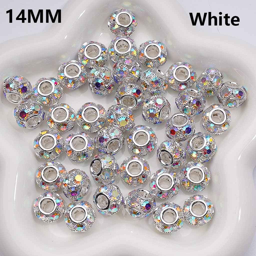 Large Hole Round Spacer Beads with AB Rhinestones, 14MM Fancy Alloy (Single Color is available for 100pcs Whole bag)
