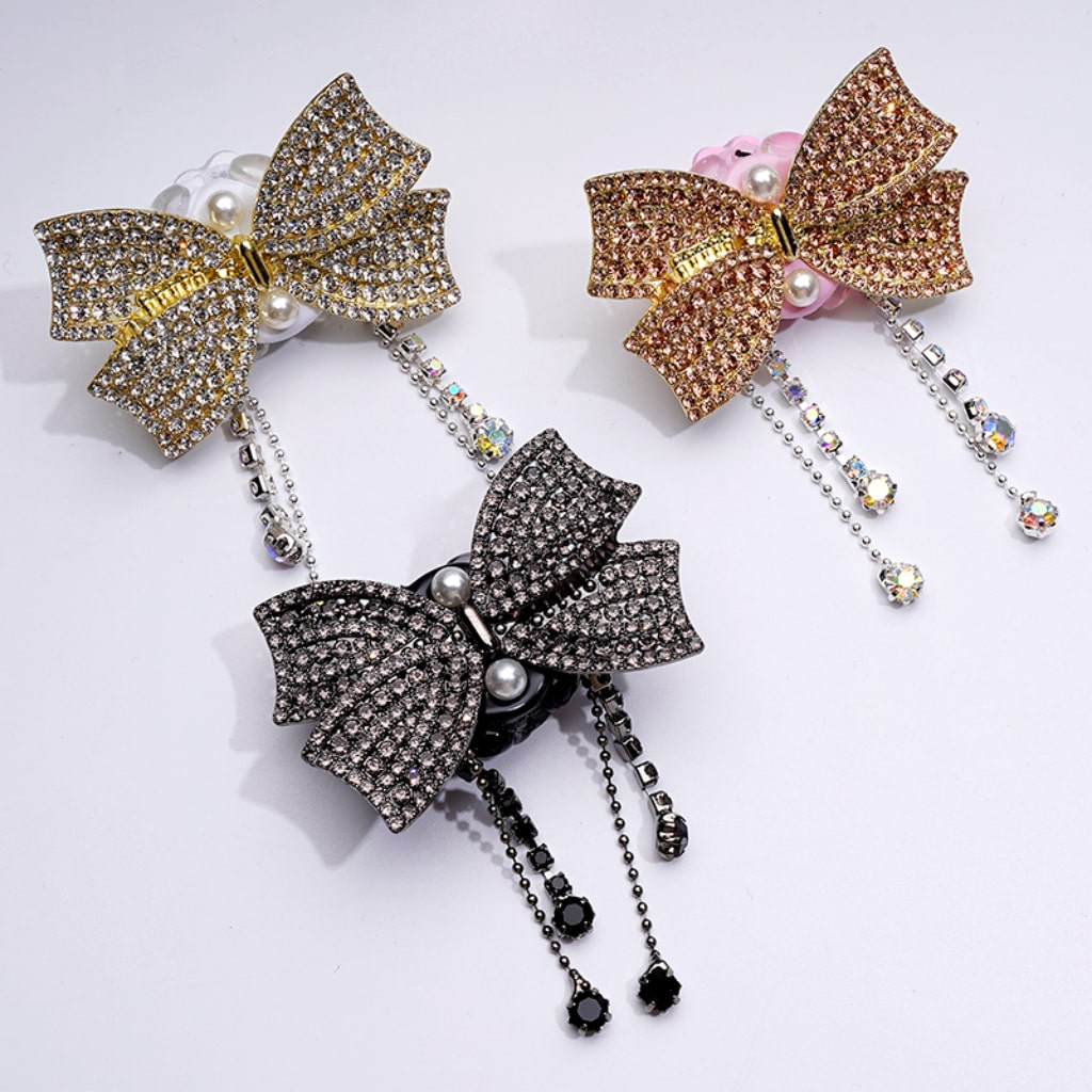 Elegant Alloy Bowknot – Sparkling Rhinestones, Metal Chains & White Pearls – Adorable Hearts, Butterflies & Clay Beads – Approx. 52×33MM