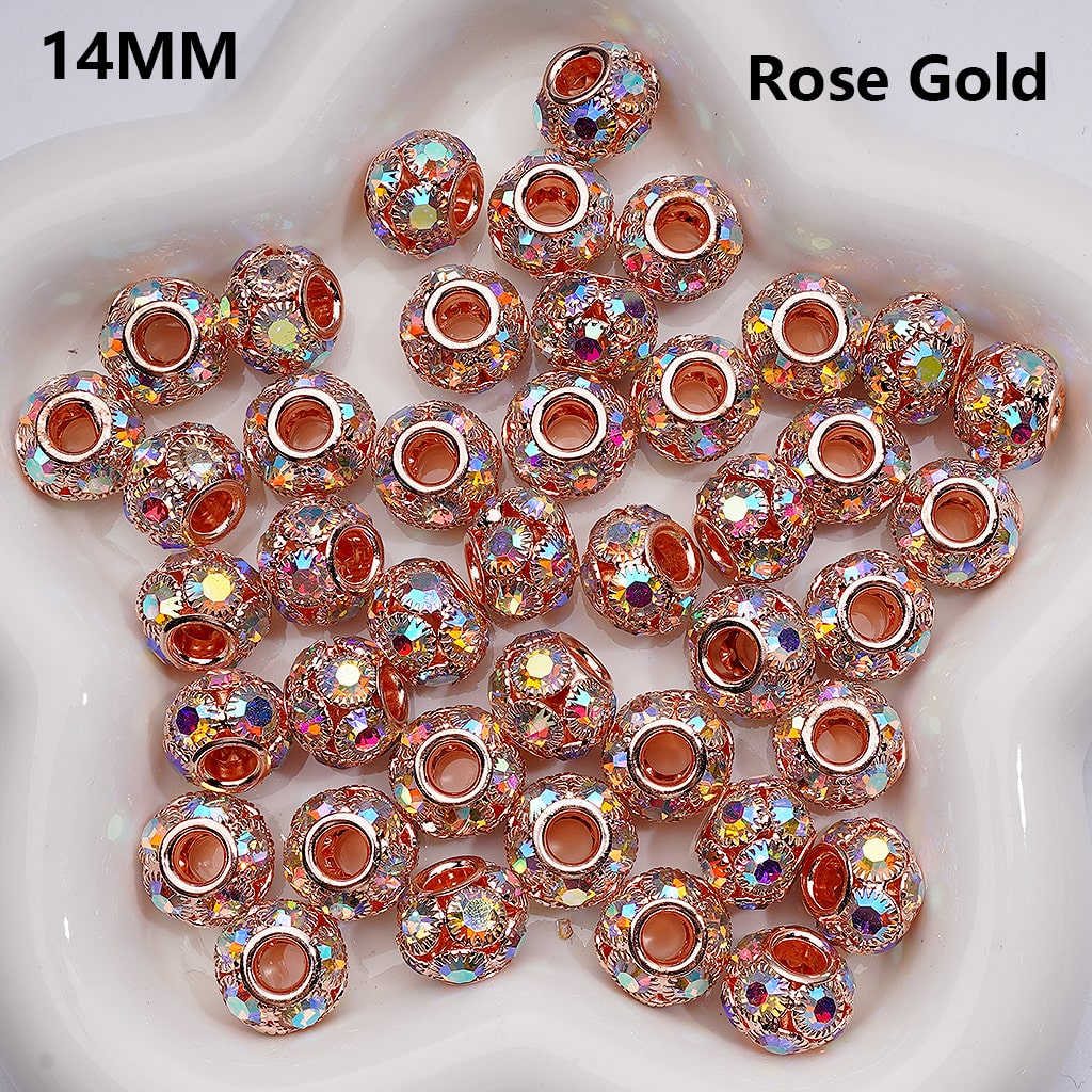 Large Hole Round Spacer Beads with AB Rhinestones, 14MM Fancy Alloy (Single Color is available for 100pcs Whole bag)