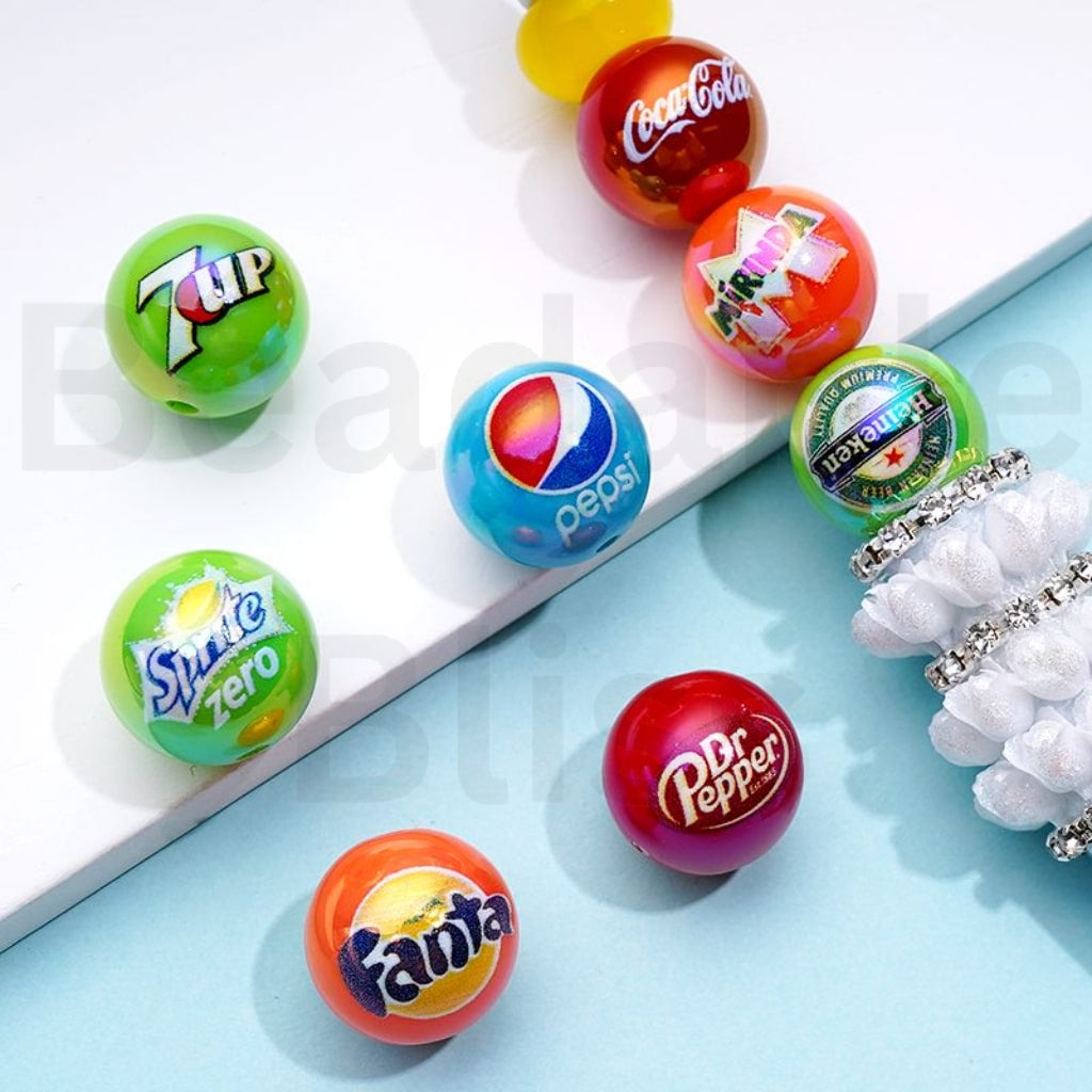 UV Coating Drink Beer Soda Seven U Sprit Fant Heineke Mirind Round Acrylic Beads, 16MM, Random Mix