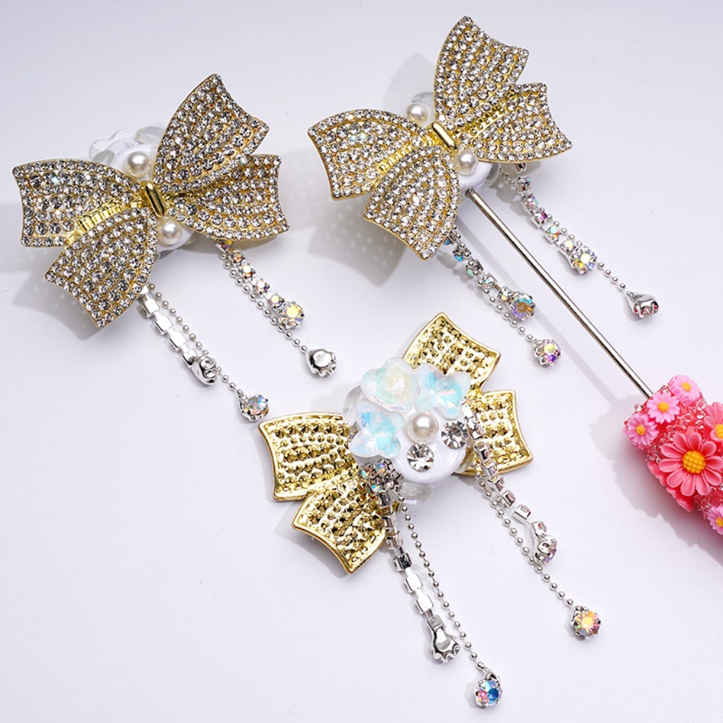 Elegant Alloy Bowknot – Sparkling Rhinestones, Metal Chains & White Pearls – Adorable Hearts, Butterflies & Clay Beads – Approx. 52×33MM