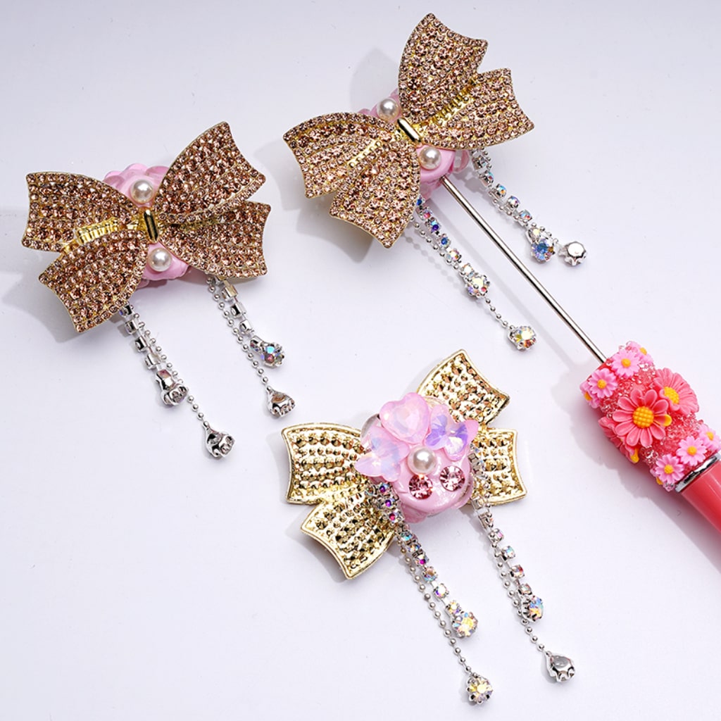 Elegant Alloy Bowknot – Sparkling Rhinestones, Metal Chains & White Pearls – Adorable Hearts, Butterflies & Clay Beads – Approx. 52×33MM