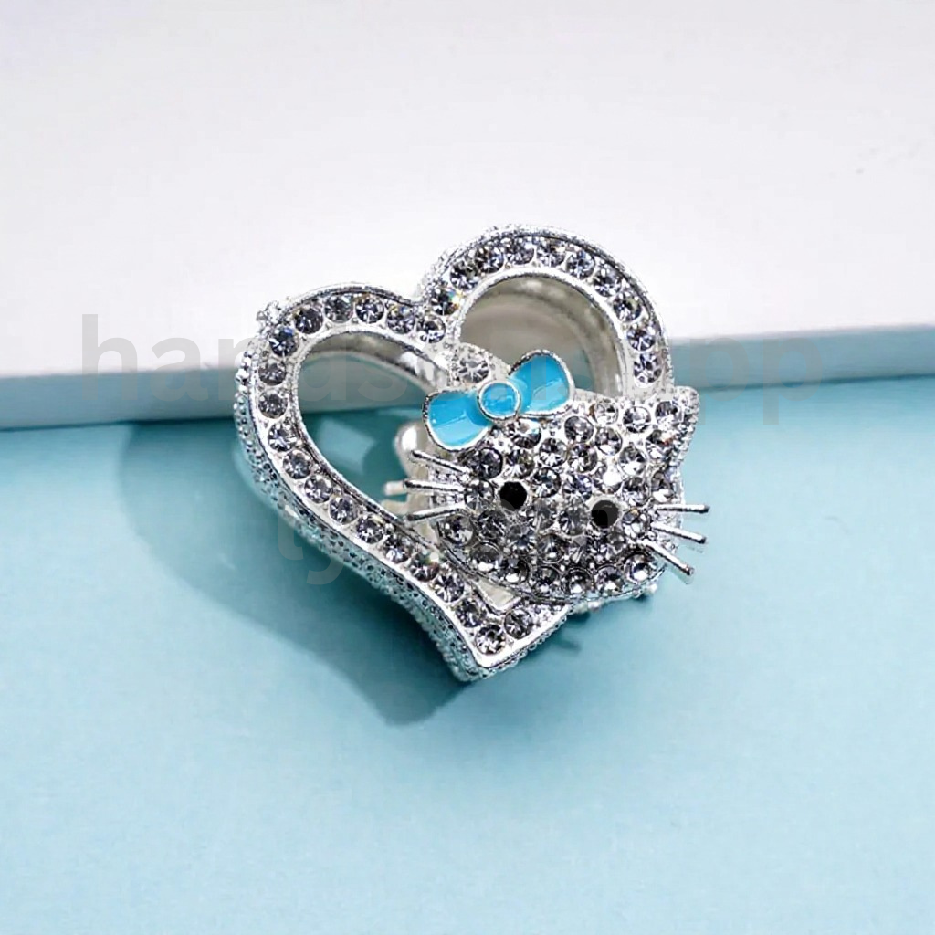 Silver Heart HK Kitten Design with Clear Rhinestones 27×28MM Alloy Beads
