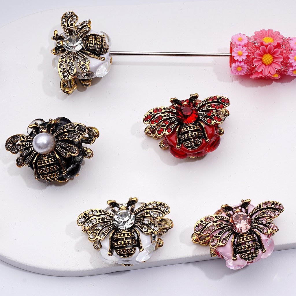 Elegant Copper Alloy Bee with Sparkling Rhinestones & Clear Oval Pearl Clay Beads – Approx 26*34MM
