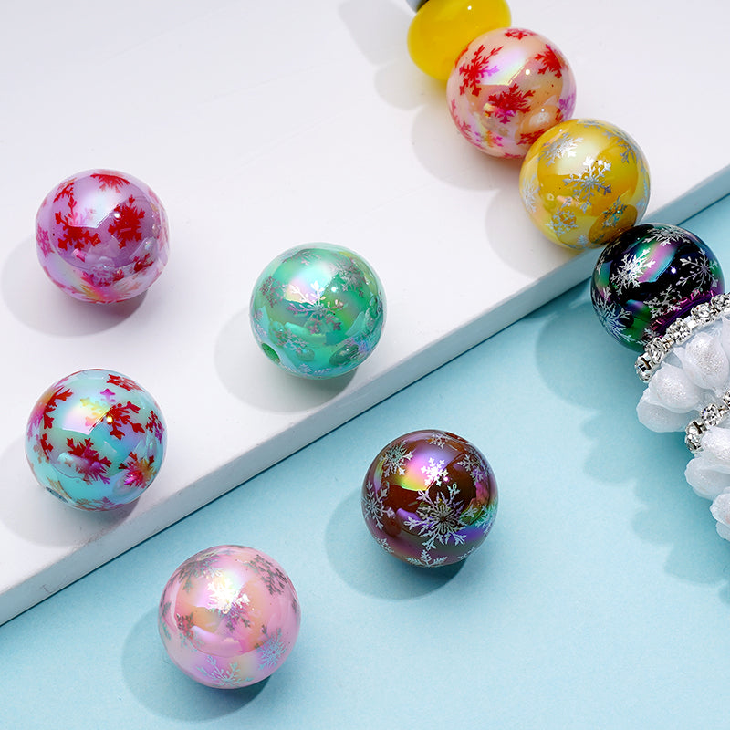 Flower Prints Fancy Snow Round Acrylic Beads , Random Mix, 16MM