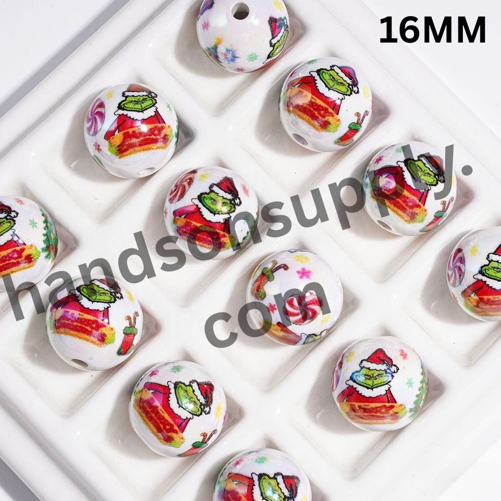 UV-Coated Christmas Green Character in Red Sweater with Candy Cane, Snowflake & Tree Printed Round Acrylic Beads for Bracelets, 16MM, Random Mix