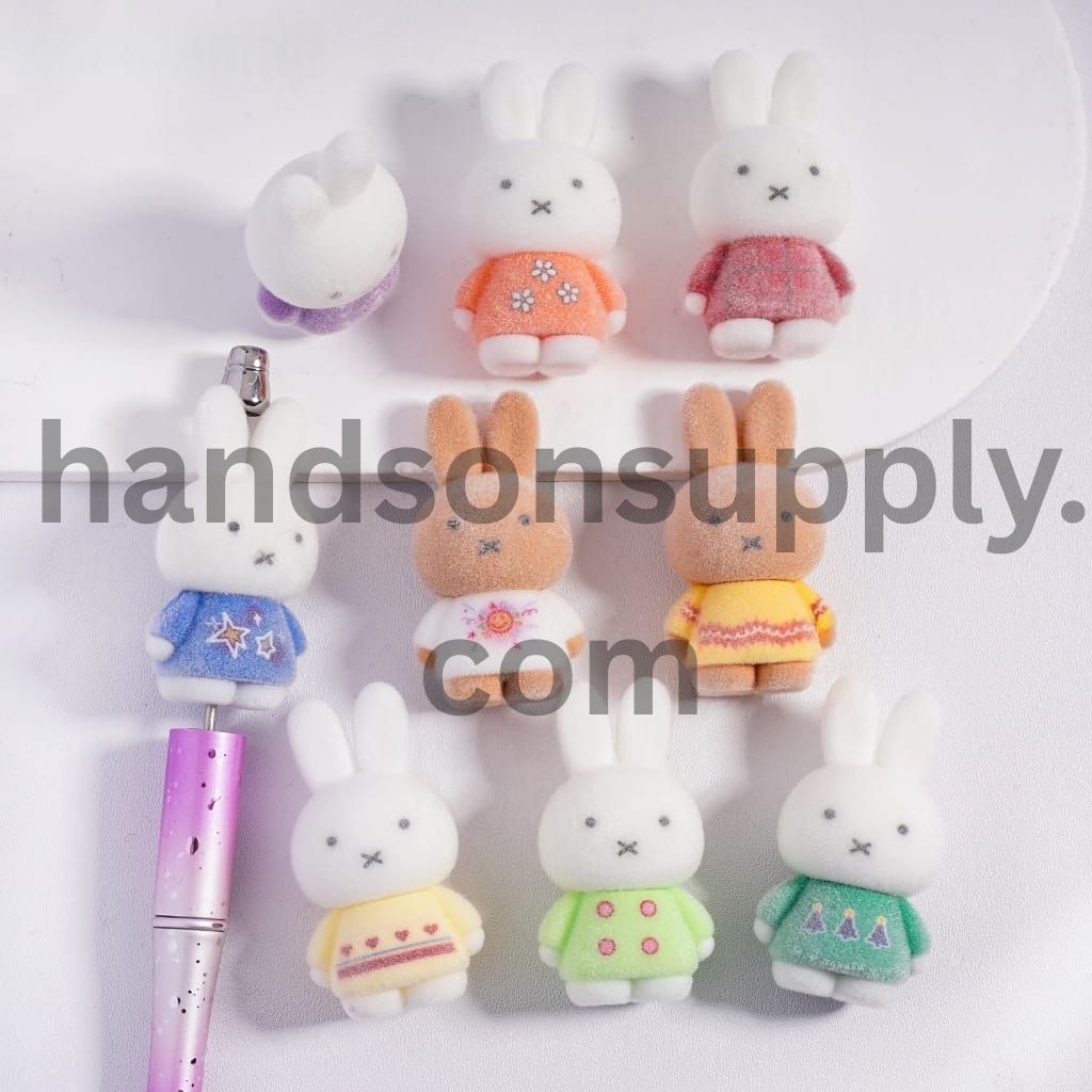 Flocked Fluffy White Bunny Figurine Acrylic Beads & Pen Toppers 47mm Random Mix