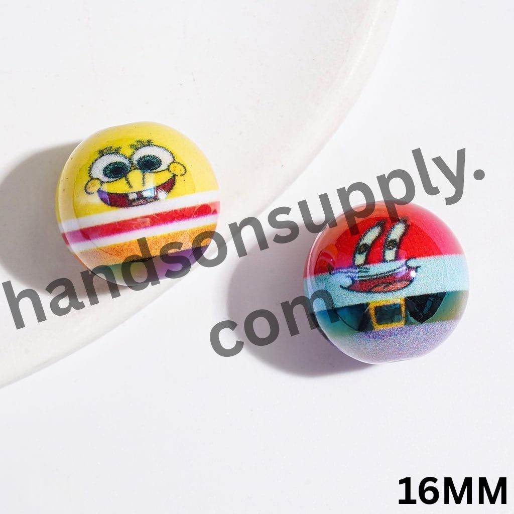 UV-Finished Cheerful Yellow Sponge Cartoon Character Series Printed Round Acrylic Beads for Bracelets, 16MM, Random Mix