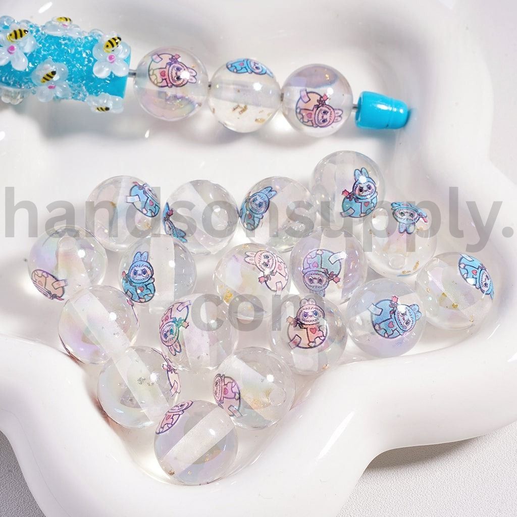 Cartoon Monster in Blue Pink with Gold-Silver Foil Clear Round Acrylic Beads 16mm