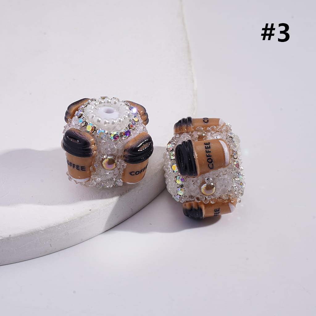 Sugar Acrylic Beads w Coffee Cup & Brown Half-Shell Pearls, AB Rhinestones White Pearls Chains, 20MM, Multi-Color