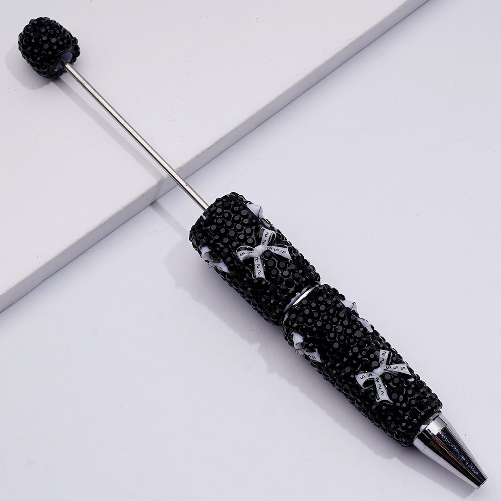 White Bowknots with Letter S Mini Black Rhinestones Beadable Clay Pens