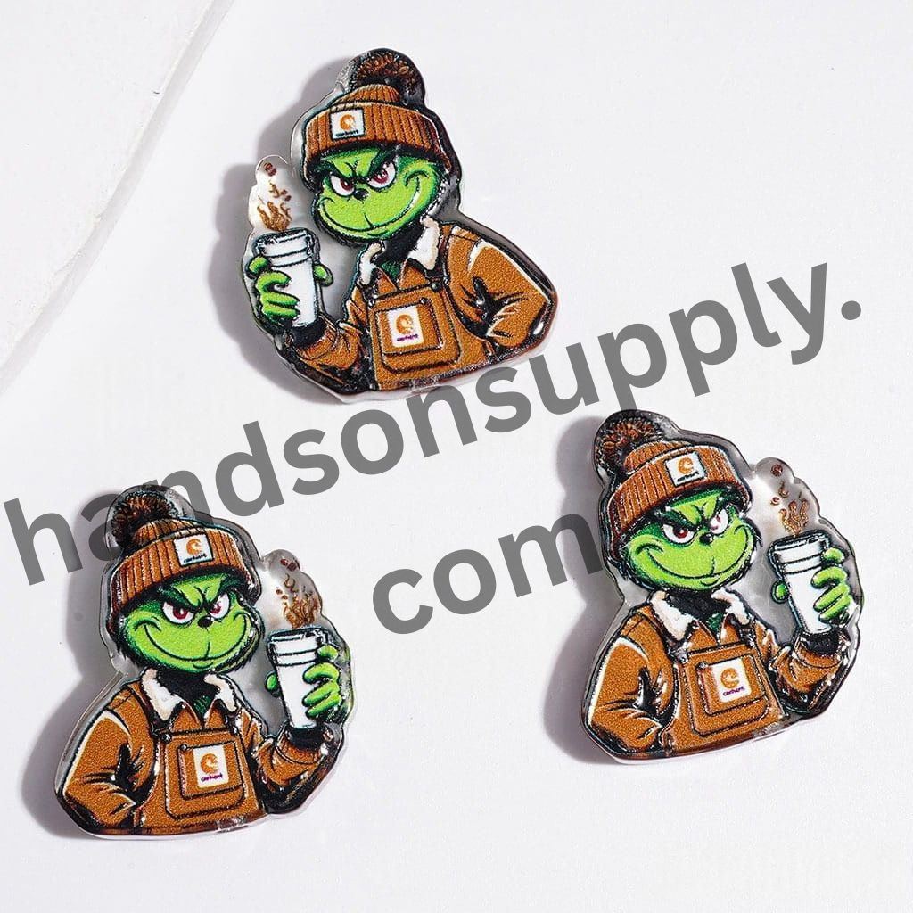 Humorous Christmas Green Character in Brown Outfit Holding Coffee Acrylic Beads, 22*25MM