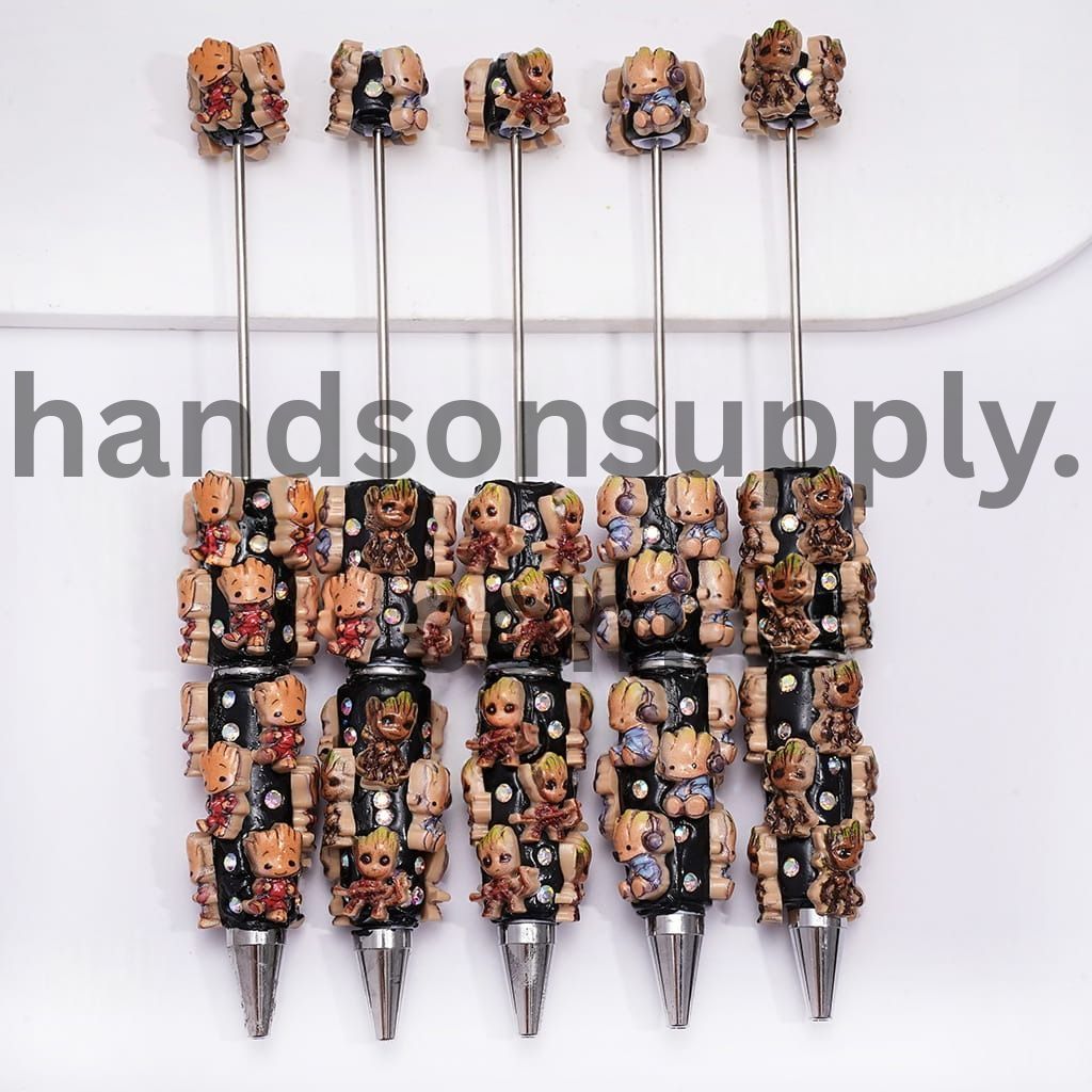 Galaxy Guard Team Withered Wood Character, AB Rhinestones, Black & Light Brown-Yellow Pen Body Beadable Clay Pens