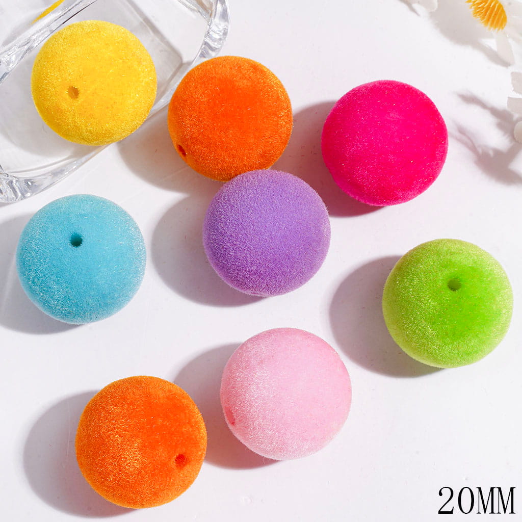 Acrylic Beads for Bracelets Flocked Fluffy Round Shape in Light Color, 20MM Multi-Color Random Mix