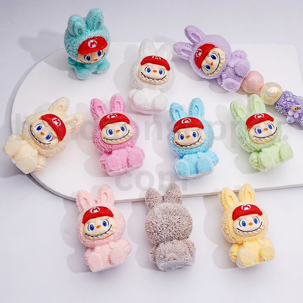 Cute Pendants Pen Topper Flocked Labub with Supe Mari Cap Acrylic Beads, 50*29MM, Random Mix