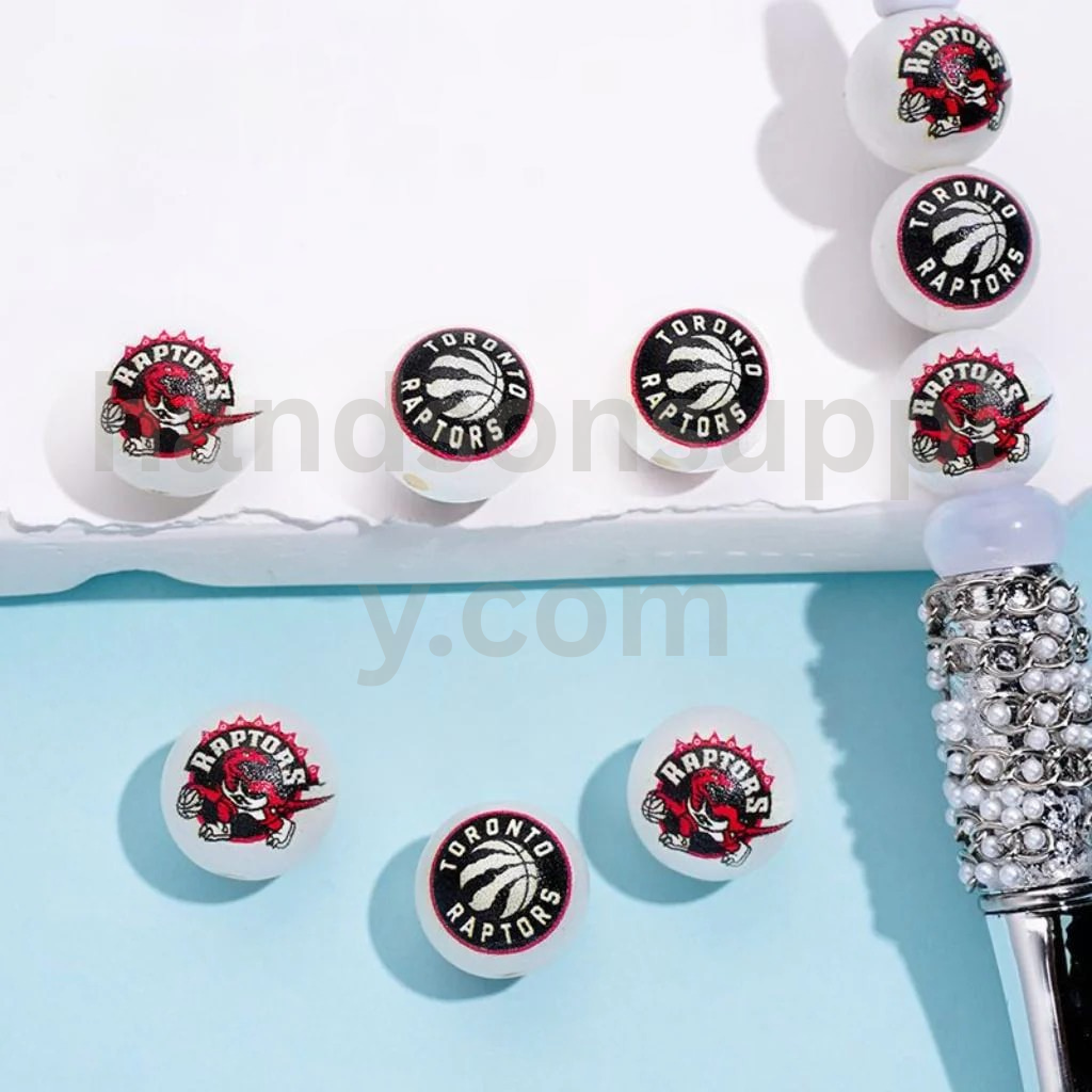 Toronto Rapto NB Sports Frosted Matt White Round USA Basketball Theme Acrylic Beads Random Mix 16MM
