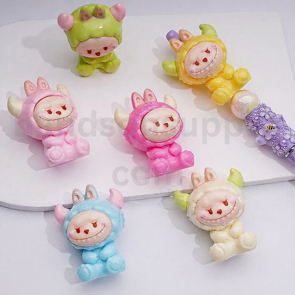 Cute Labub Pop Mart Cow Bull Costume Pendants Pen Topper Acrylic Beads, 47*36MM, Random Mix