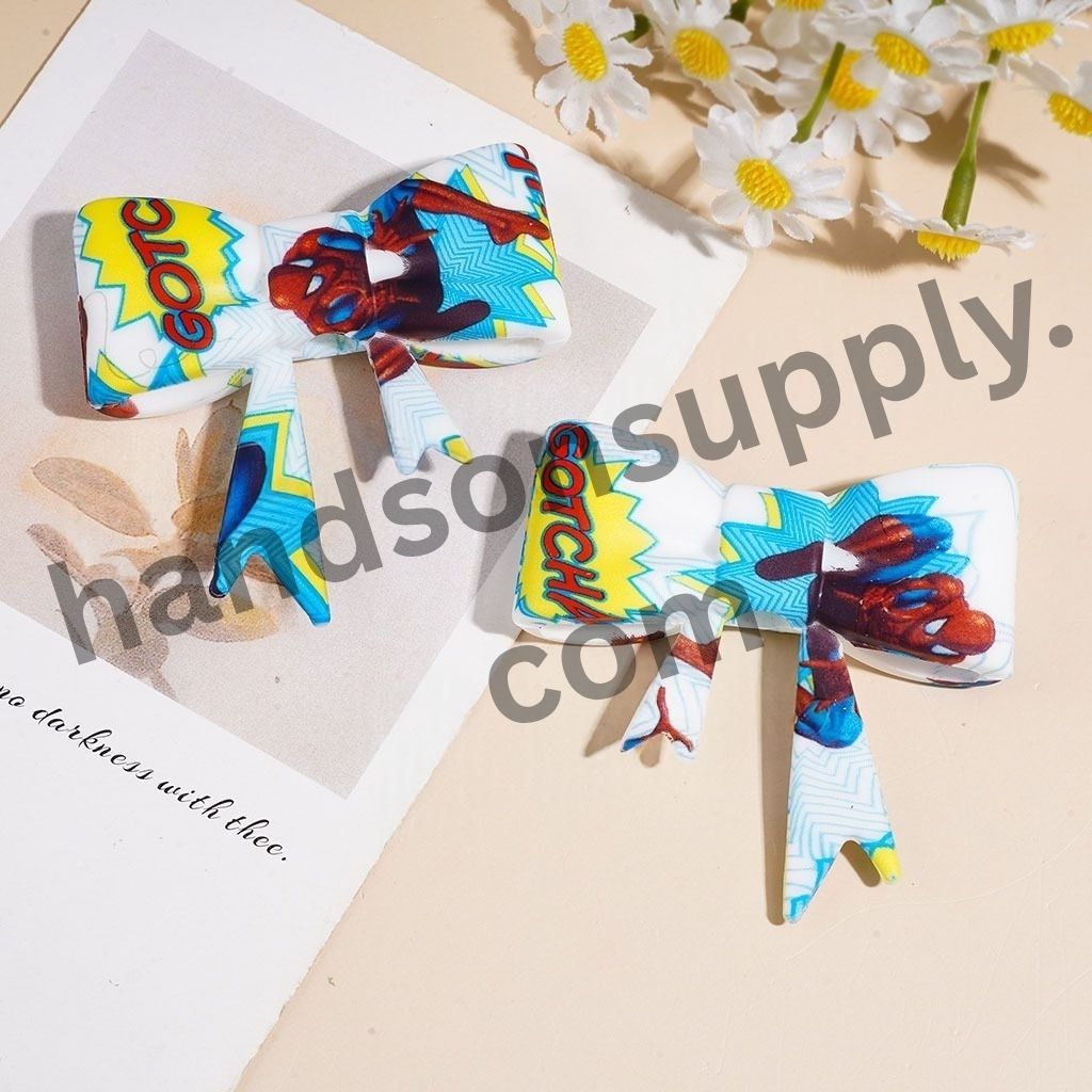 Cute Web Superhero Strong Character Printed Soft Bow Shape Silicone Focal Beads, 53*59MM