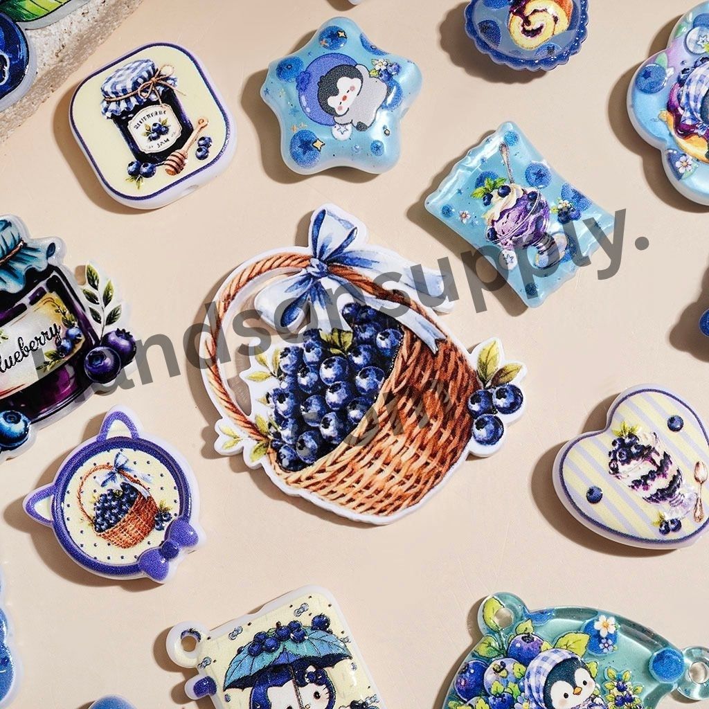 Adorable Penguin & Cat Cartoon Character with Blueberry Jam Bread & Ice Cream in Blue Series Acrylic Beads and Pendants, Random Mix