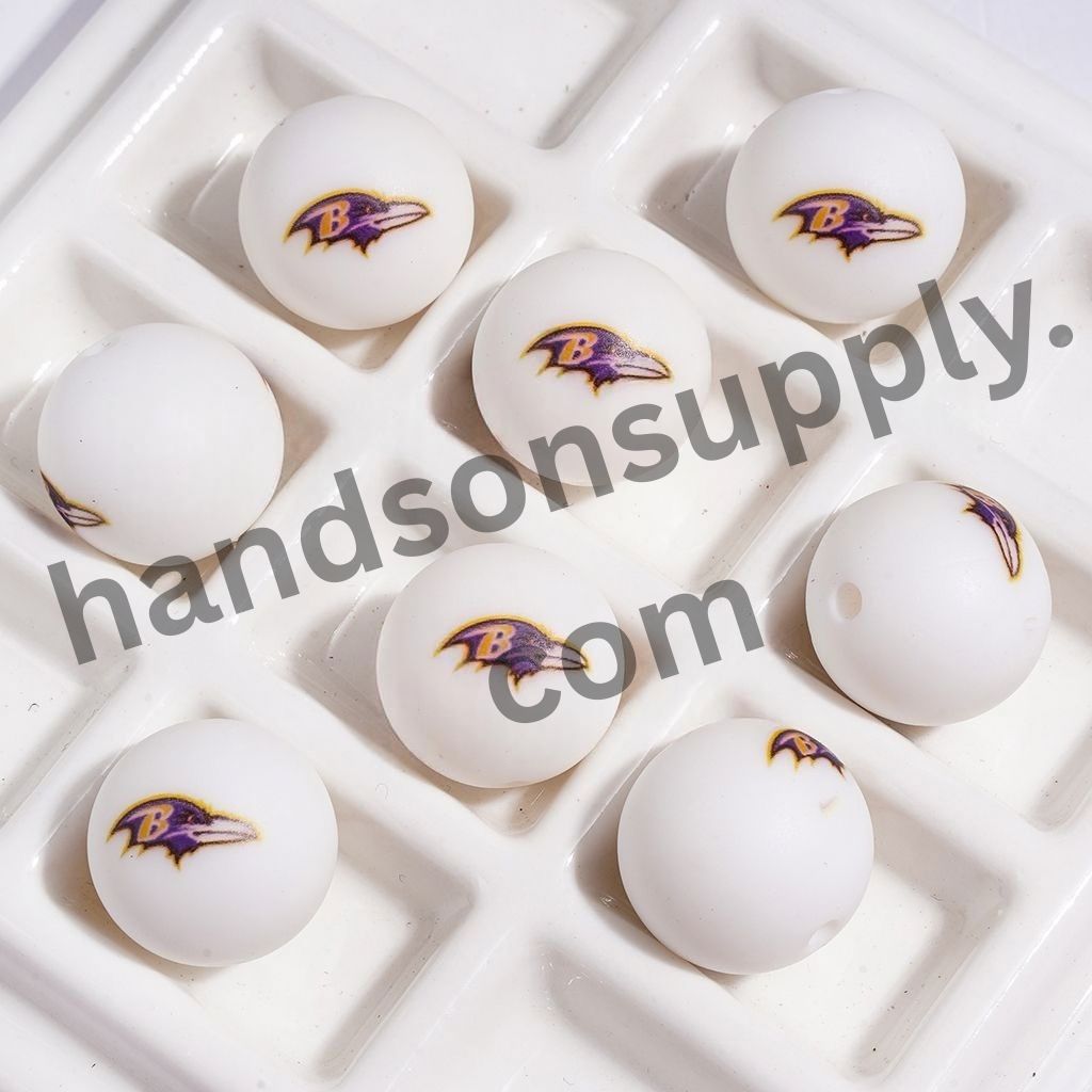 Baltimore Football Team Crow Head Printed Round Silicone Beads For DIY Bracelets and Necklaces, 15MM