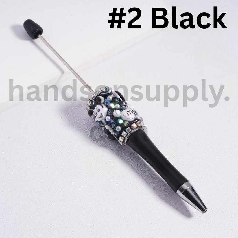 Cute Mickey Minnie Mouse Head Beadable Pen with White Pearls & AB Rhinestones Black & White