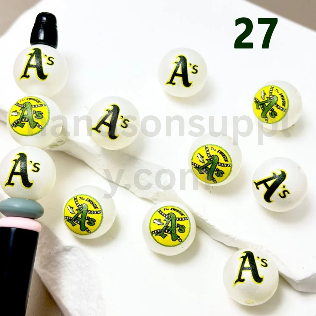 Oakland Athletics Sports Theme 16MM Frosted White Round Acrylic Beads Random Mix