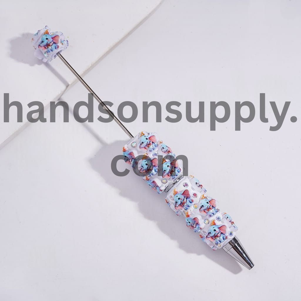 Flying Elephant Character Design, AB Rhinestones in Blue & Grey Color Beadable Clay Pens