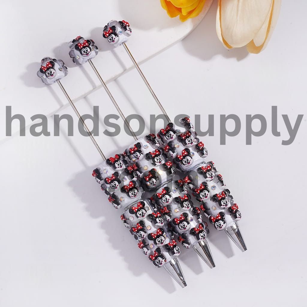 Classic Animation Girl Mouse Character with Red Blue Bowtie on Head, AB Rhinestones Beadable Clay Pens