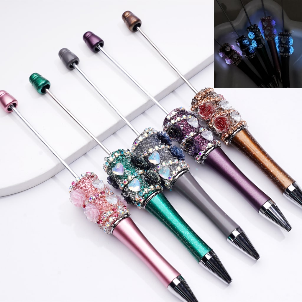 Beadable Luminous Pens with Mini Flower Shiny Rhinestones, in Solid Colors Chain, and Heart Diamond