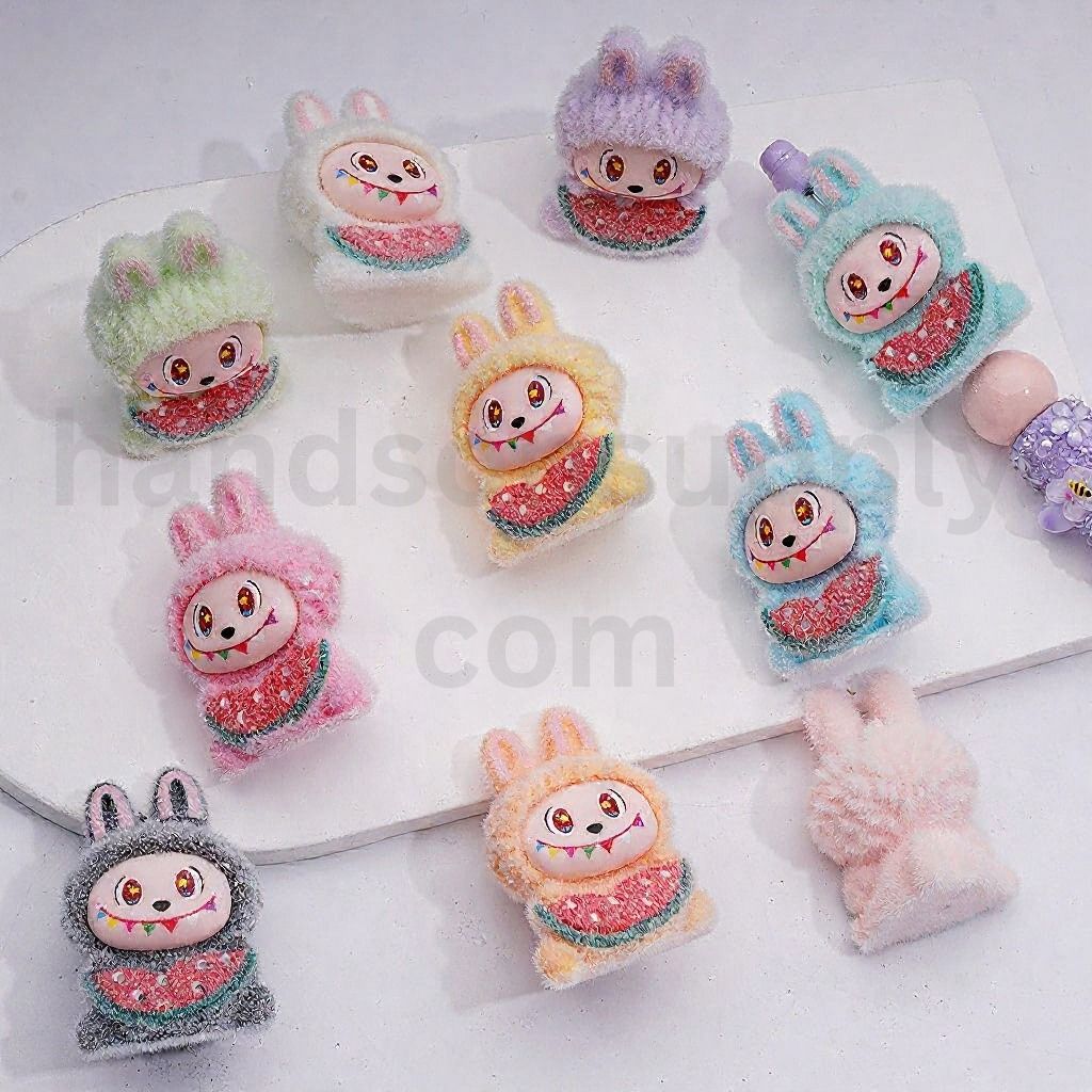 Cute Watermelon Pendants Pen Topper Flocked Labub Eats Acrylic Beads Jewelry Accessories, 40*28MM, Random Mix