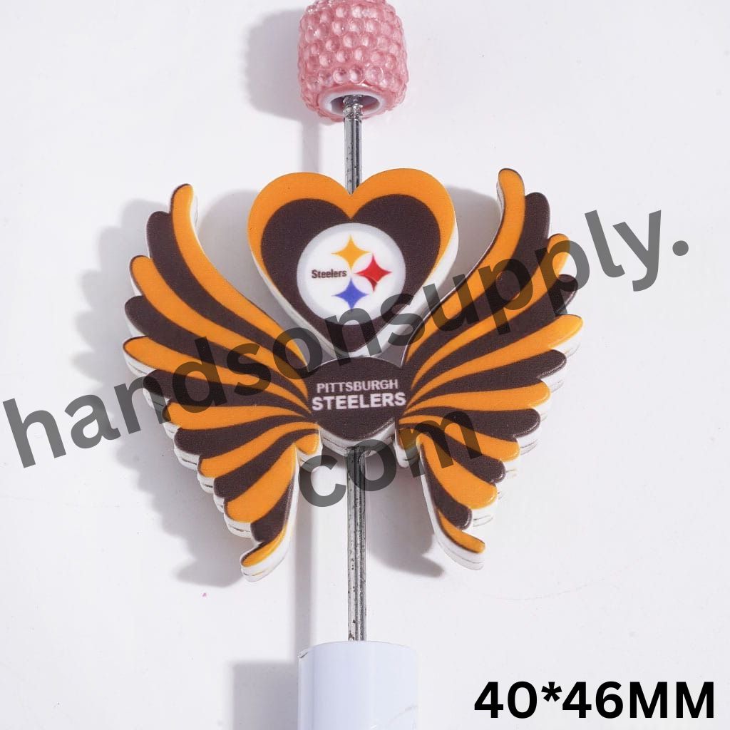 Pittsburgh American Football Black and Yellow Team Pattern Heart and Wing Shapes Silicone Focal Beads Set, 40*46MM