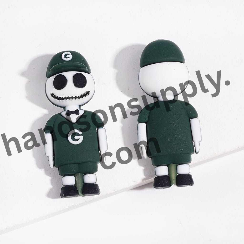3D Skull Wearing a Green Bay American Football Team Jersey and Matching Hat Silicone Focal Beads, 44MM Height