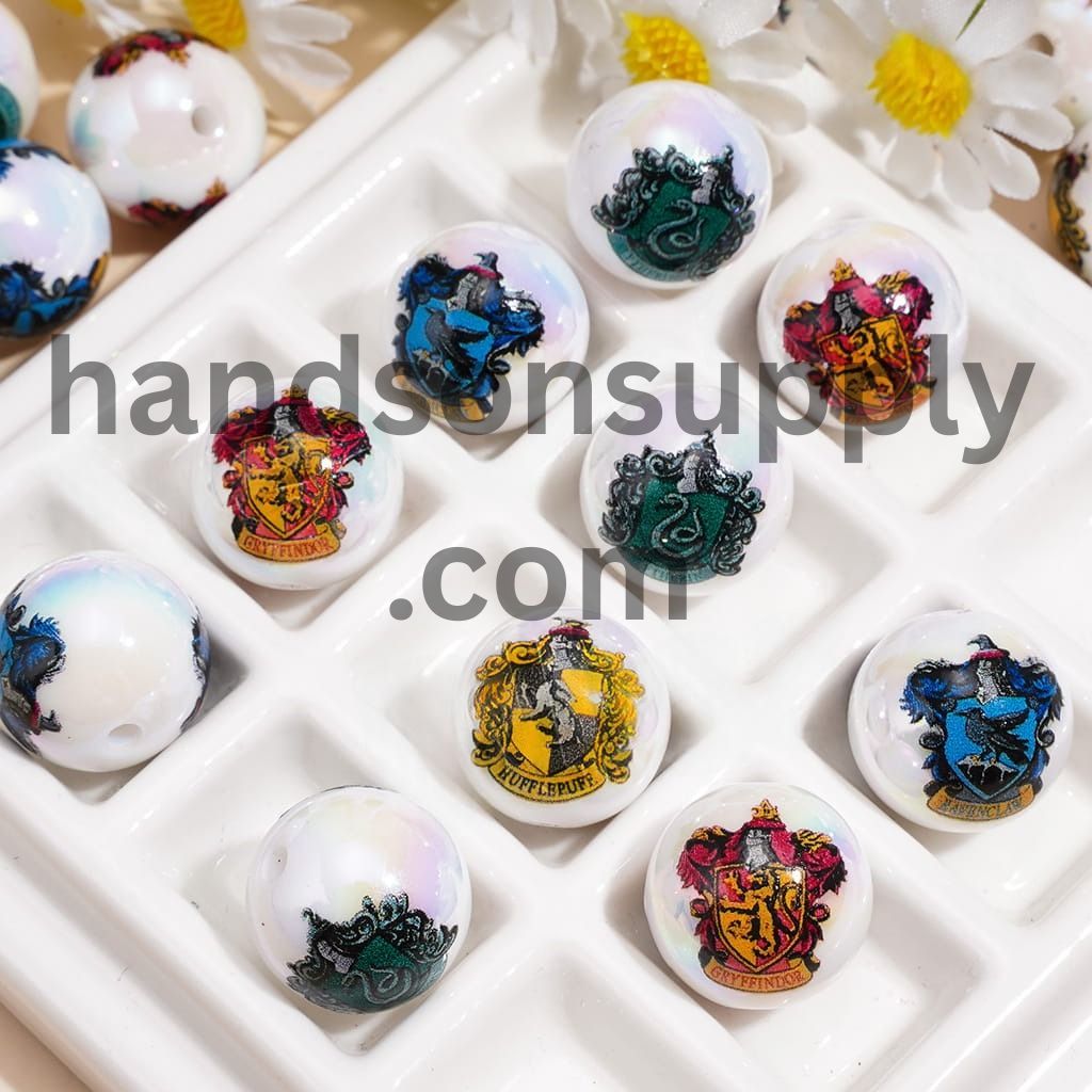 UV Coated Magical House Crest and Fantasy Symbol Series Printed Round Acrylic Beads for Bracelets, 16MM, Random Mix