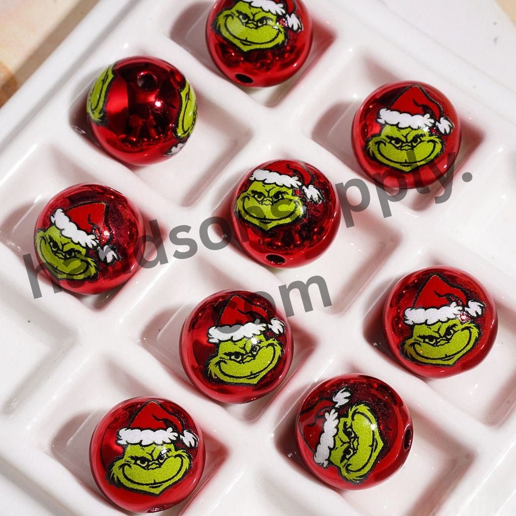 Metallic Green Character with Christmas Hat, Acrylic Beads for Bracelets, 16MM, Multi-Color, Random Mix