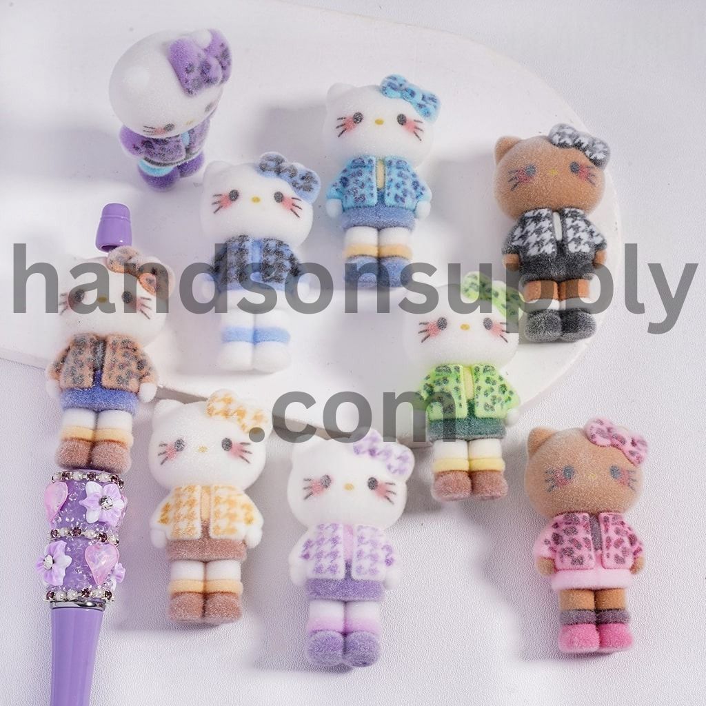 Flocked Fluffy, Multi-Color, Cute Cat Character Figure with Clothes, can be also used as Acrylic Beads or Pen Topper, Height 51MM, Random Mix
