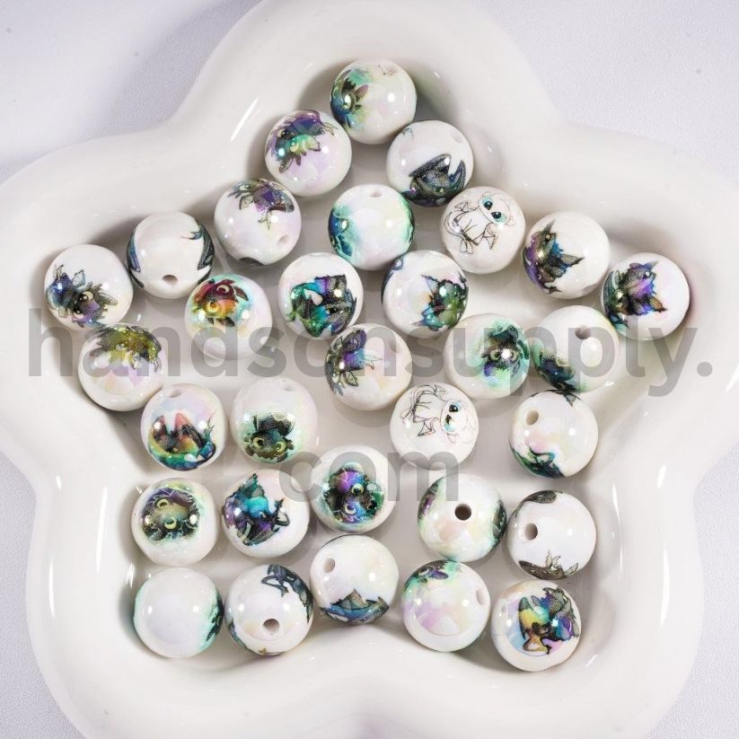 UV Coated Cute Toothless How to Train Your Dragon Prints Jelly & Clear & White Colors Round Acrylic Beads 16MM