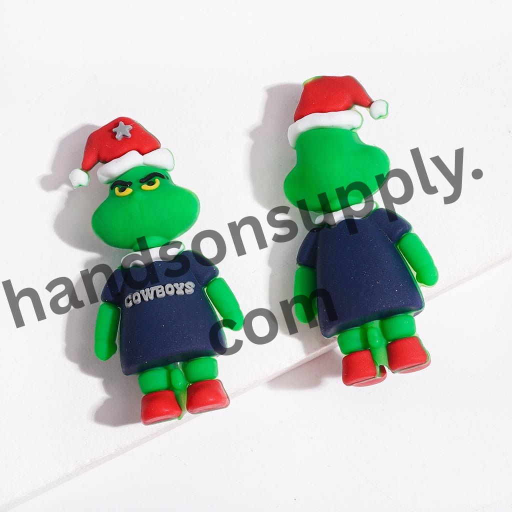 3D Festive Green Character Wearing Dallas Football Team Red Christmas Hat, Dress and Shoes Silicone Focal Beads, Height 44MM