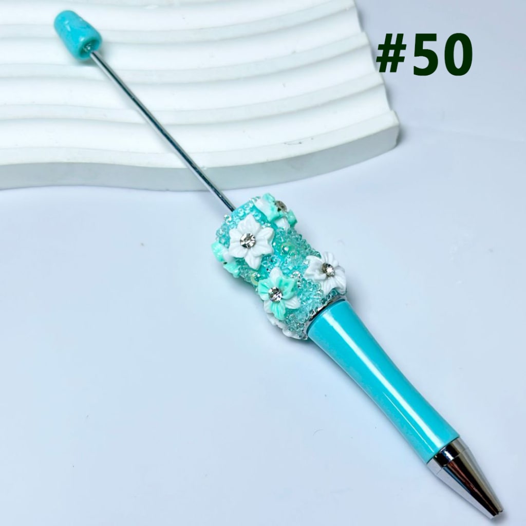 Mini Cute DIY Beadable Pen with Flowers Clear Rhinestone Inside Shiny Pearls in Solid Color