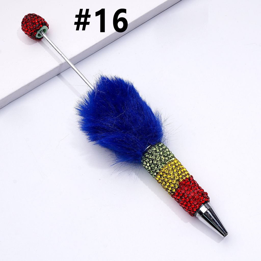 Pom Pom Beadable Clay Pens Covered with Shiny Green Yellow Red Rhinestones Along the Entire Pen
