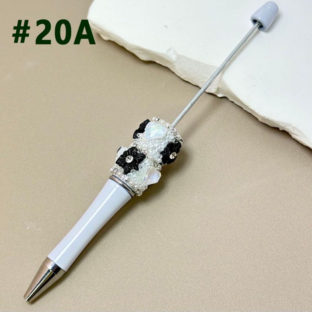 White Pearl & Rhinestone Chain Beadable Pen with Colorful Mini Flower Heart Rhinestone in Solid Color