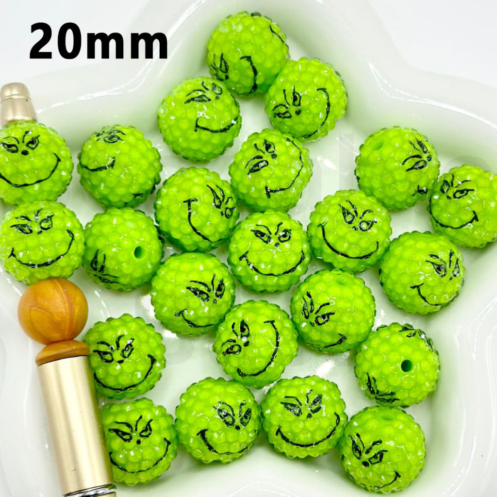 Round Christmas Clear Rhinestone Vivid Green Character Face Acrylic Beads, 20MM