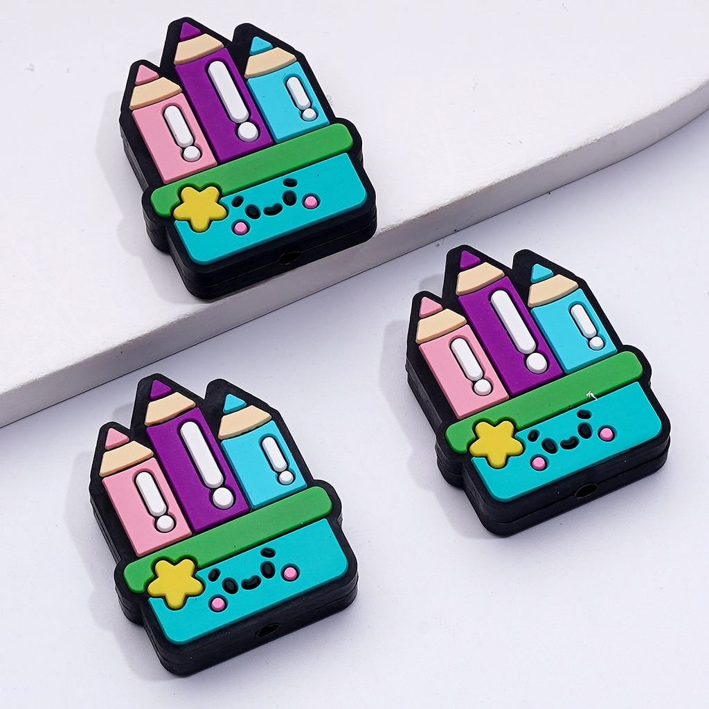 Cheerful School-Themed Silicone Focal Beads with Smiling Pencils & Star Accents