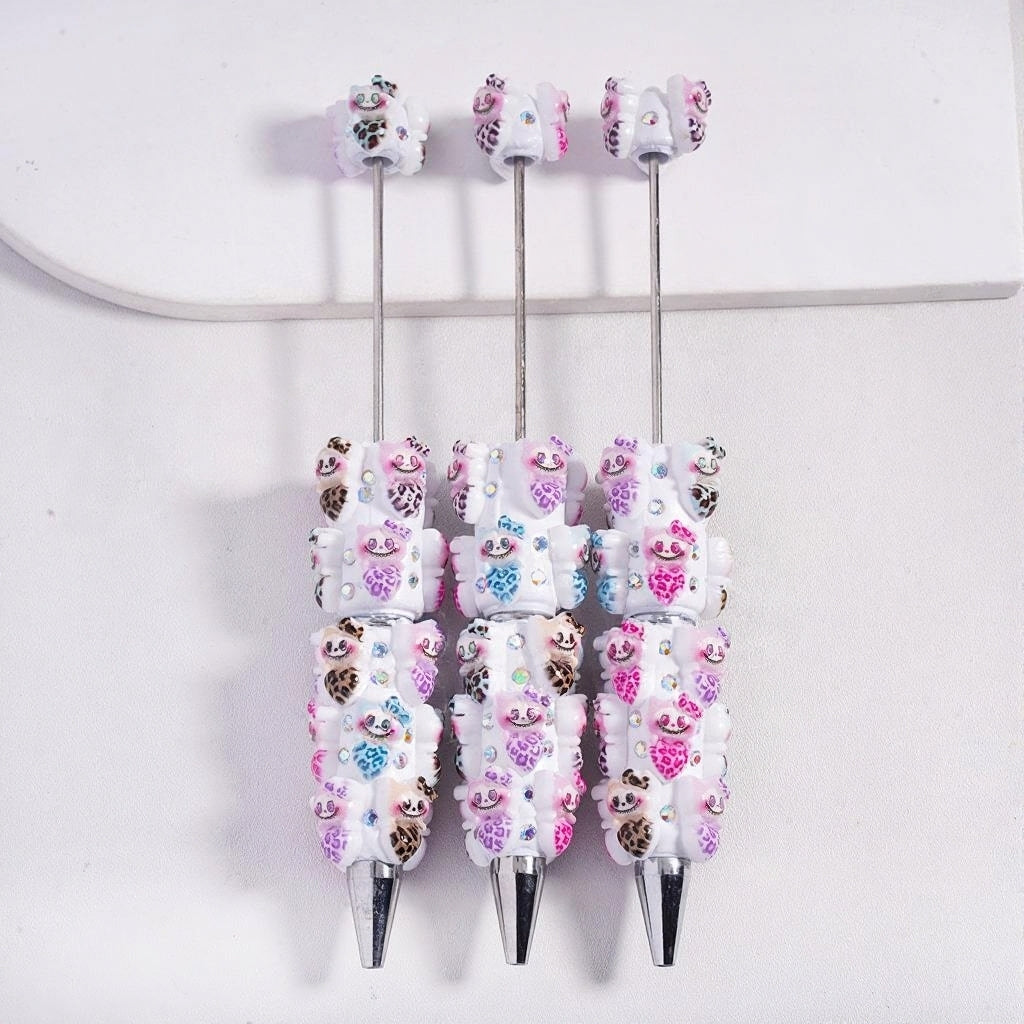 Cute Monster Doll Holding Heart with Bow Leopard Prints Multi-Color AB Rhinestones and White Pearl Beadable Clay Pens