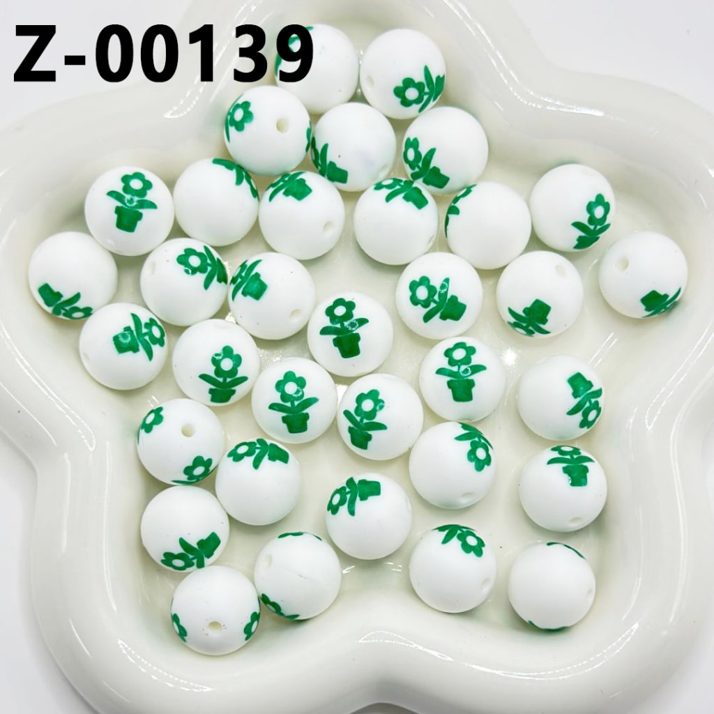 Flower Plant Green Potted Bonsai White Round Printed Silicone Beads 15mm, Number Z-00139