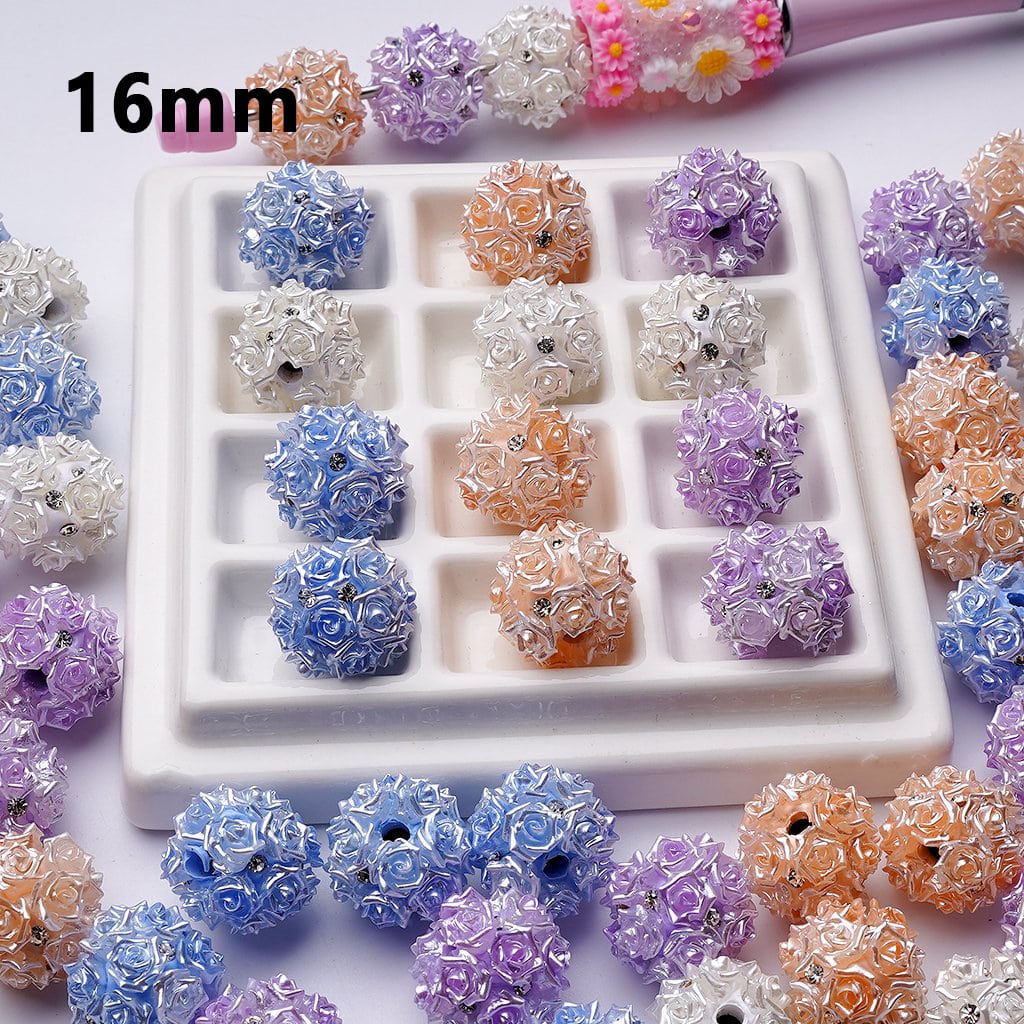 Round Clay Beads with Mini Rose Flowers and Clear Rhinestones, 16MM, Random Mix