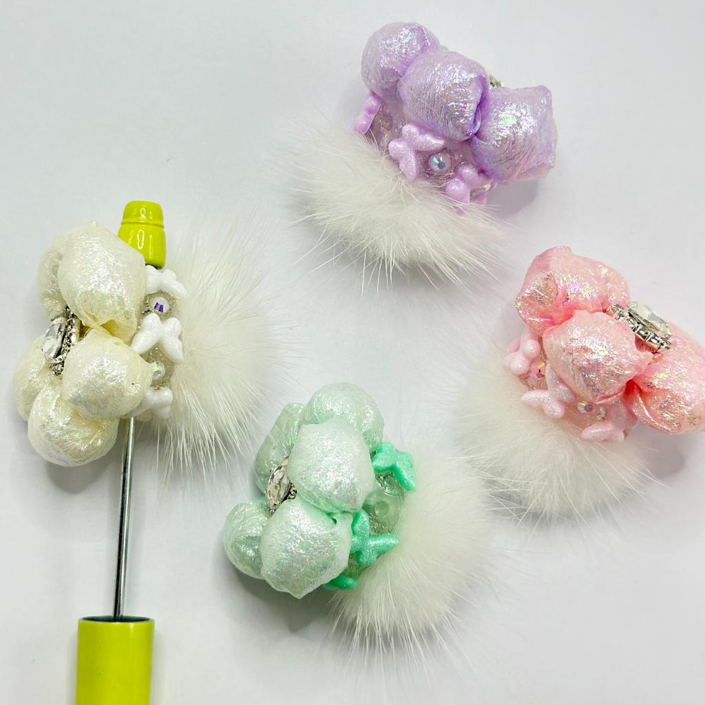 Flower Fabric Bling Bling with White Fluffy Ball Heart Clear Rhinestone Acrylic Beads