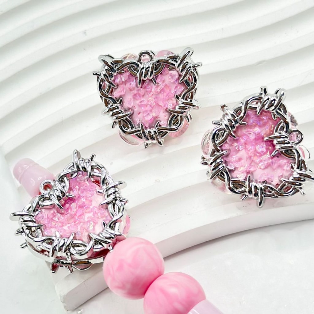 Pink Heart Delicate Silver Alloy with Clay Beads, Clear Oval Pearls, Shiny Rhinestones, and Clear Mini Stones, Around 26*29MM