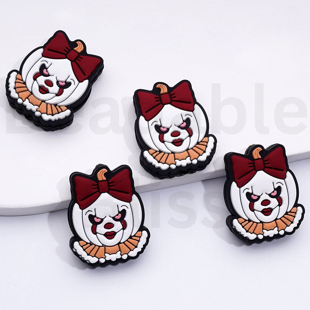 White Pumpkin with Haunted Scary Clown Face Red Bowtie Halloween Silicone Focal Beads (Ship Out in Around 4-7 Days After Ordering and Minimum Order 20 Pieces)