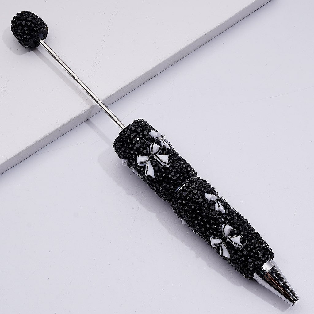 Beadable Clay Pens White Bowknots Mini with Lace Edge Black Rhinestones