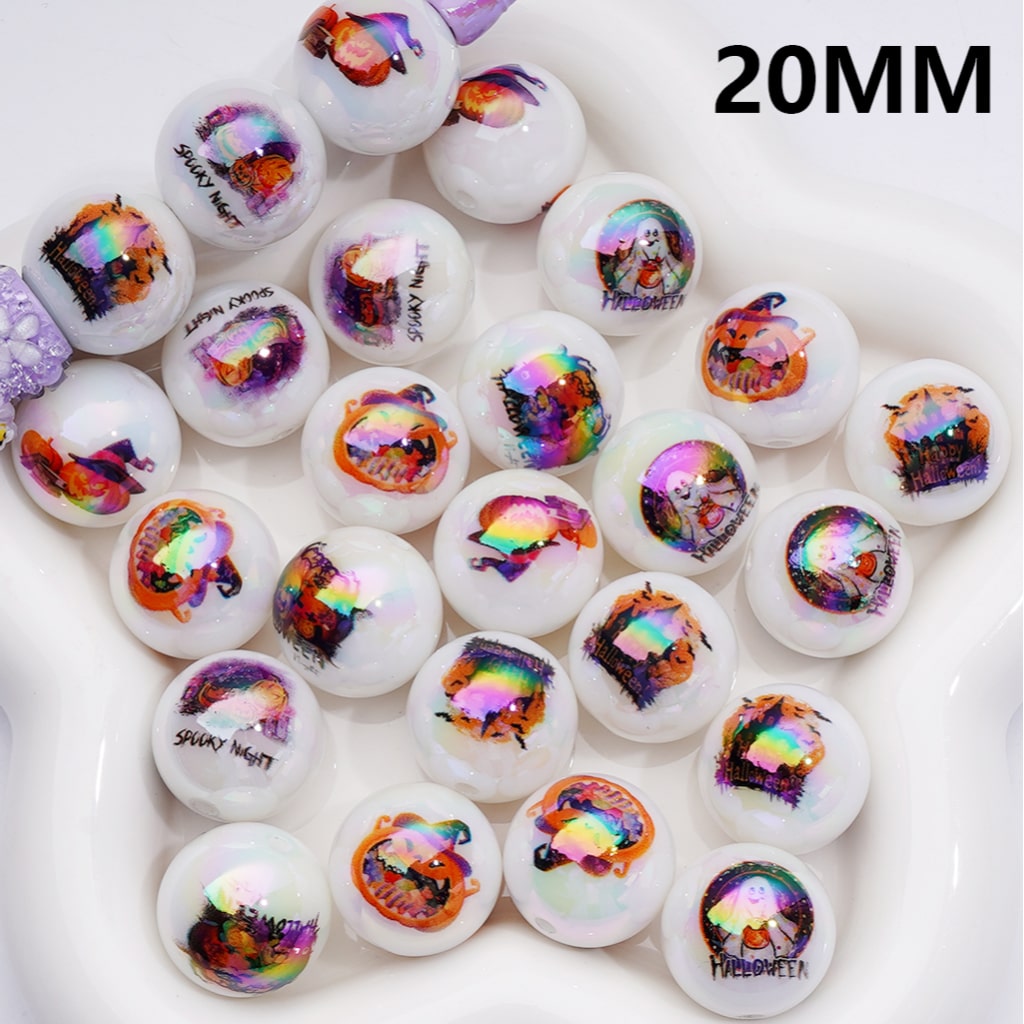 UV Coating Ghost Face Pumpkin with Wizard Hat, Halloween Series Round Acrylic Beads 20MM, Random Mix